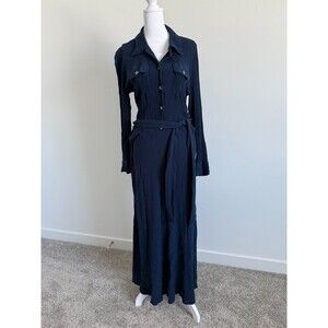 Soft Surroundings Dress Maxi Navy Blue Long Sleeve Shirtdress Savanna Size M